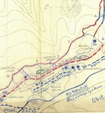 A Monte San Michele gerincén húzódó állások a 6. isonzói csata kezdetén, 1916. augusztus 6-án.