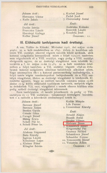 A kalocsai érseki főgimnázium értesítője az 1915/16-os iskolaévre a hadiérettségit tettek névjegyzékével, köztük Habram János is.