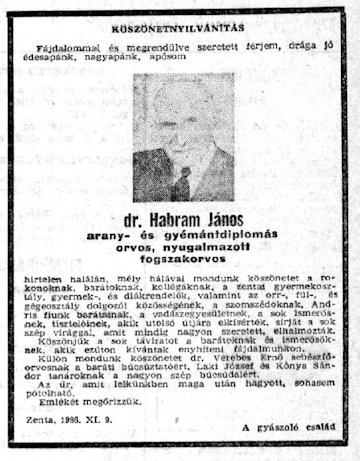 Dr. Habram János gyászjelentése