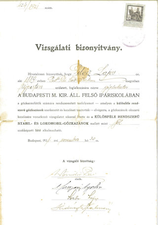 Petőcz Lajos 1921-ben szerzett fűtői bizonyítványa.