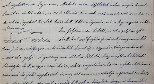 Roób rajza a lövedék becsapódásáról a napló II. kötetének 111. lapján. A skiccen a barakk bejárata felülnézeti alaprajzban: alul a ferdén vonalazott két téglalap jelzi a barakk épületének főfalait, egy vonal a félig tárt ajtónyílást. A falakból előreugró, vékonyabb fekete vonalak egy külső belépőt, azaz a szélfogó folyosót ábrázolják, a kis négyzetek oszlopokat jelölnek, egy vonal a félig tárt ajtónyílást. A rajz szaggatott vonallal jelöli a lövedék útját: áthalad a szélfogó nyitott ajtónyílásán, majd a szélfogó oszlopába fúródik, így a szűk átjárón egymás után szerencsére a belépő foglyok között repült el.