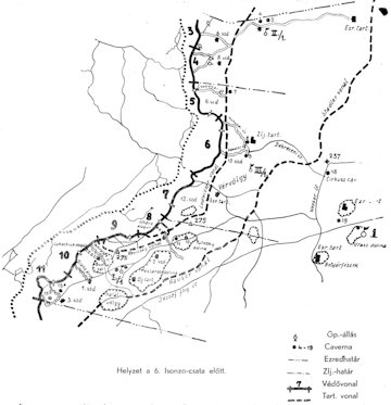 A budapesti 1. honvéd gyalogezred állásai 1916 nyarán a 6. isonzói csata előtt.