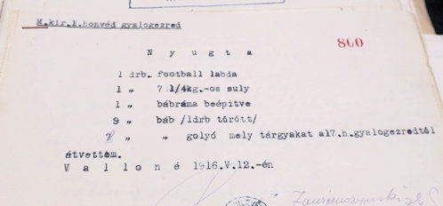 A m. kir. 17. székesfehérvári gyalogezred által 1916. május 12-én a m. kir budapesti 1. honvéd gyalogezred részére átadott sporteszközök jegyzéke.