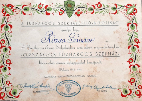 A Tűzharcos Székházépítő-bizottság oklevele Rózsa Sándor részére.