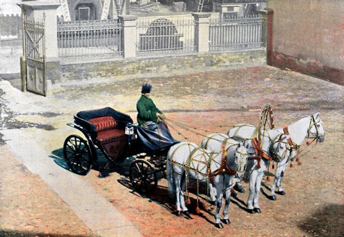 Trojka, 1890 körül. – A szibériai és kazahsztáni területeken a gazdag kereskedők és tisztviselők előszeretettel és státuszszimbólumként is használták ezt a gyors közlekedési eszközt mind a nyári sárban (kocsin), mind a téli hóban (szánon). A középső ló (a nyerges) mindig ügetésben haladt, míg a két szélső ló (a rudasok) vágtáztak, kifelé fordított fejjel. Ez biztosította az akkori idők legnagyobb utazási sebességét a végtelen szibériai utakon. A fogat elmaradhatatlan kelléke a középső ló feje feletti nagy, fából készült, gyakran díszített ív, az ún. duga, amely a hámrendszert tartotta feszülés alatt. 