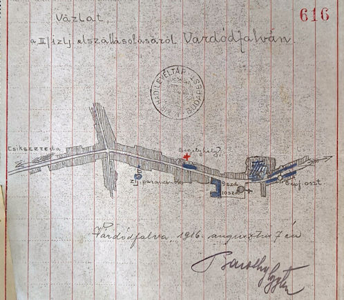 A m. kir. budapesti 1. népfelkelő gyalogezred III. zászlóaljának elszállásolása Várdótfalván 1916. augusztus 7-én. A vázlat aláírója a szövegben említett Baróthy Jenő százados.