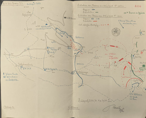 A m. kir 19. népfelkelő hegyidandár helyzete 1916. augusztus 29-én délelőtt 8 órakor a visszavonulási vonalakkal.
