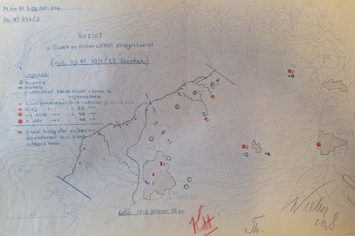 A m. kir. 81. honvéd gyalogdandár parancsnokság 1915. október 16-ai vázlata a lőszer és élelmiszer cikkek elhelyezéséről a Monte San Michele és San Martino közötti állásszakaszon.