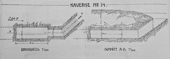 A 14-es kaverna alap- és metszeti rajza, mielőtt az alagúttá átalakítását megkezdték. Ezt a már meglevő kavernát szándékoztak összekötni a tőle nyugatra húzódó az első vonallal.