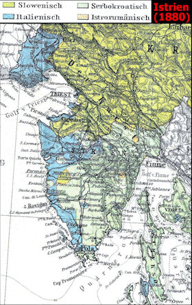 A kitelepítésben érintett Osztrák Tengermellék etnikai viszonyai az 1880-as népszámlálás adatai alapján. Kék színnel jelölve az olaszok lakta területek.