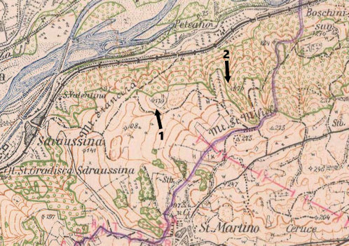 A Haláldomb két lehetséges helyszíne, a 170-es (1915. július‒szeptember) és a 197-es (1915 ősze) magaslat egy korabeli térképen a közreadó által utólag bejelölve.